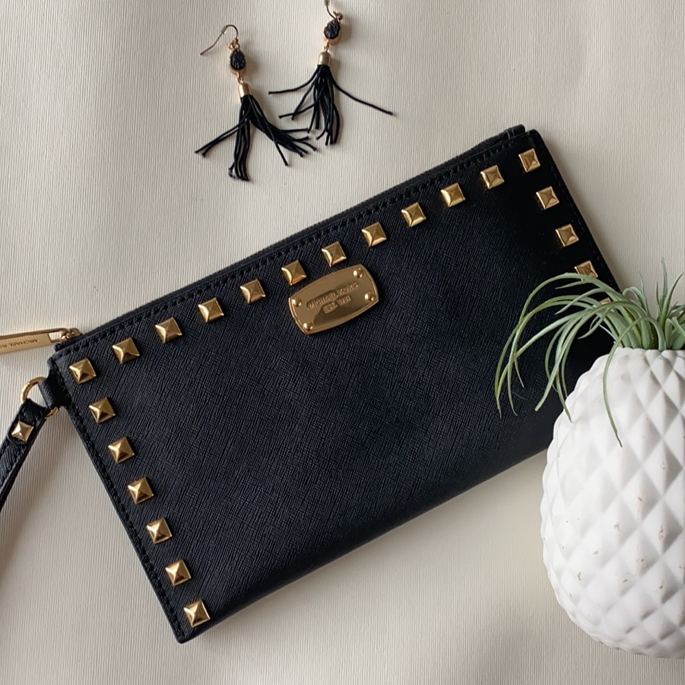 Michael Kors black wristlet with gold studs